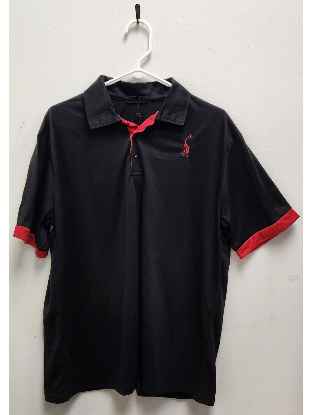Temeshu Black Polo Shirt Men's XL Red Accents Embroidered Giraffe Number 3 Patch